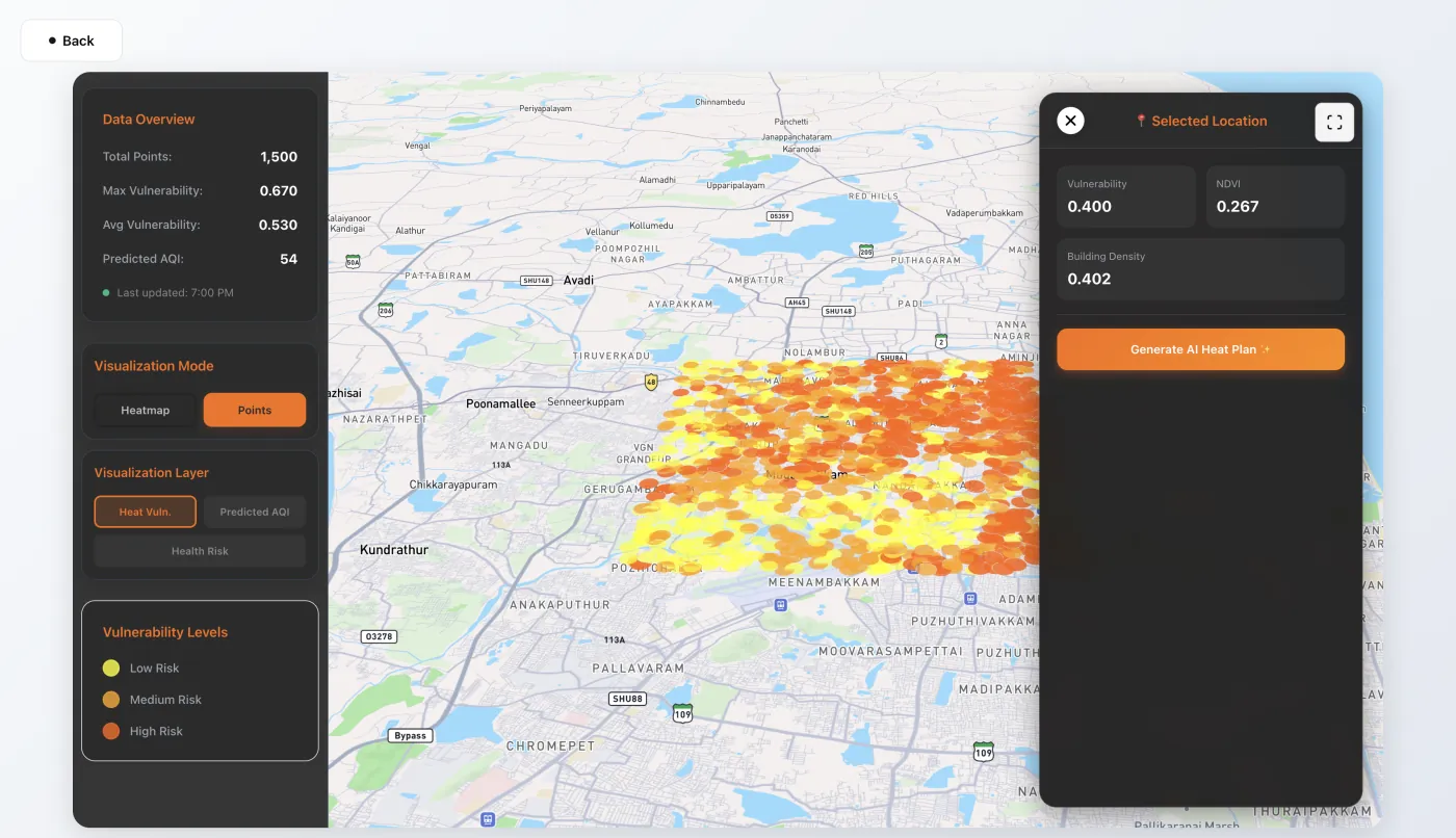 Location drill-down panel: per-point vulnerability, NDVI, and building density scores with one-click AI heat plan generation.