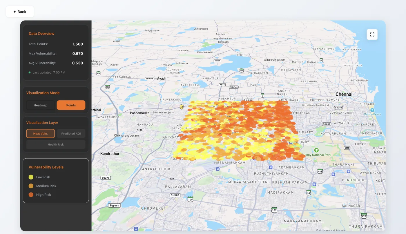 Live vulnerability heatmap over Chennai — 1,500 data points, max vulnerability 0.670, colour-coded by risk tier.